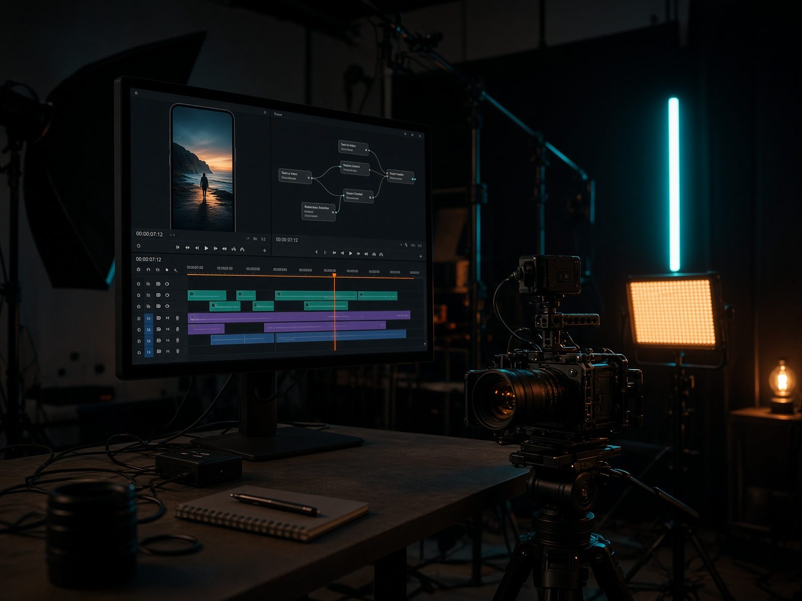 Video production studio with a timeline on screen