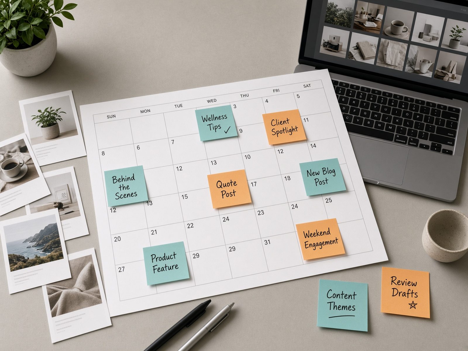 Content calendar and draft post layouts on a table