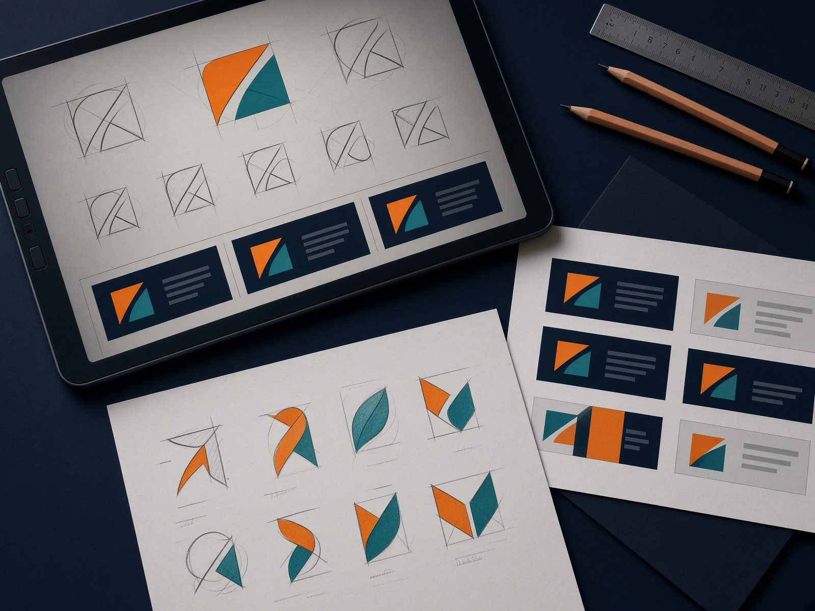 Logo sketches and banner layouts on a design desk