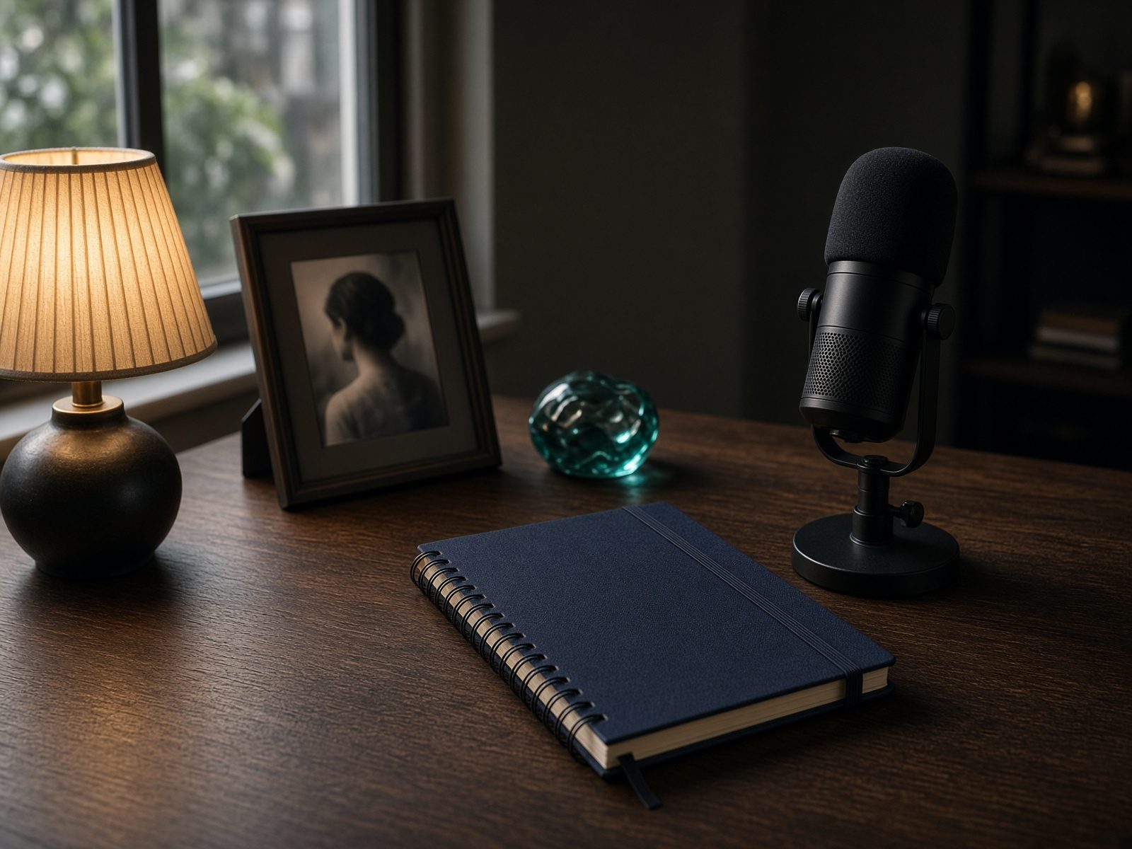 Quiet personal-brand desk with notebook and microphone