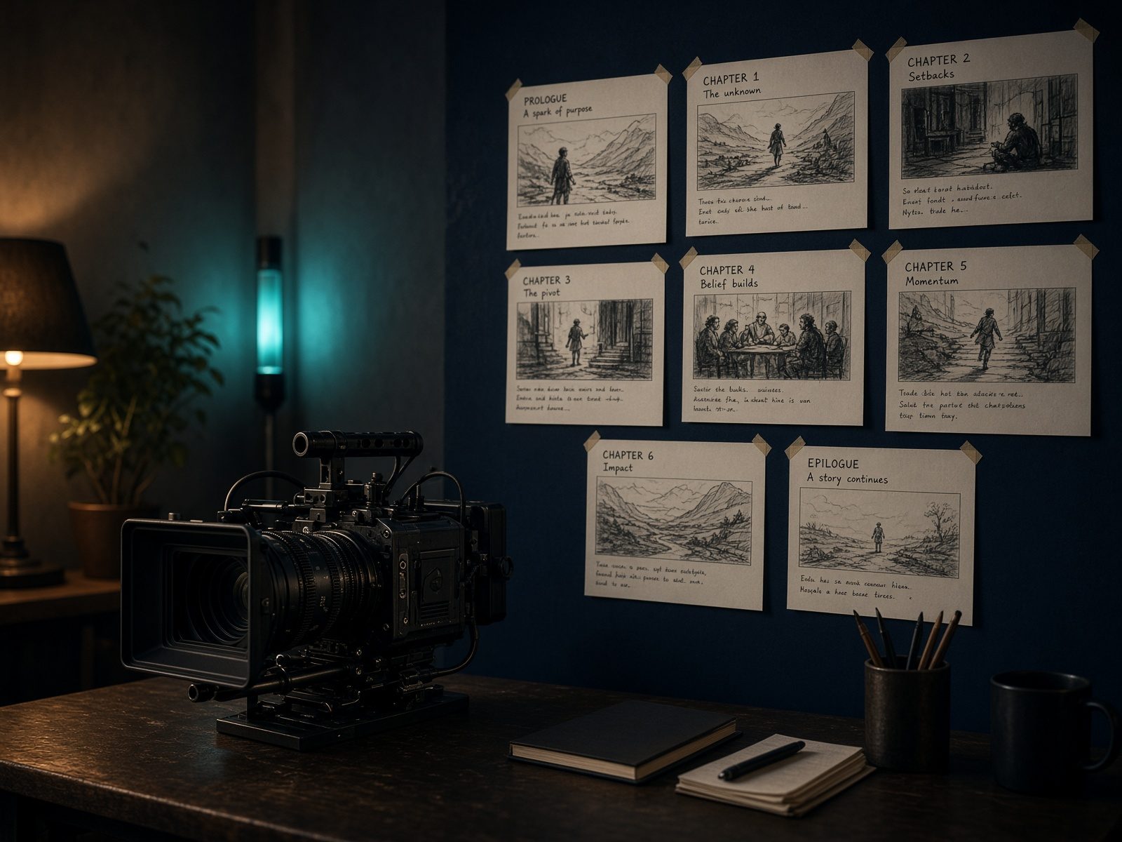 Cinema camera and storyboards on a quiet film set