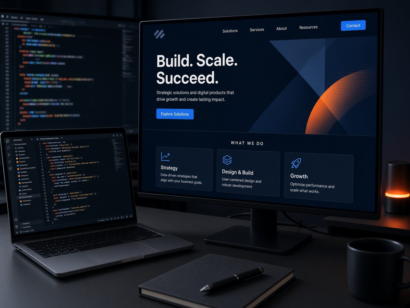 Laptop and monitor showing a website ready to launch