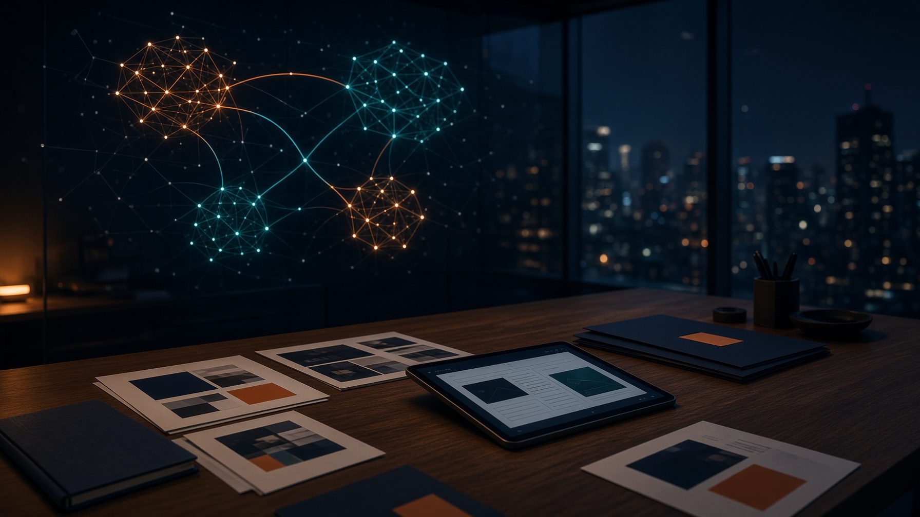 A strategy studio with a connected marketing system on glass, brand boards and a website on a tablet